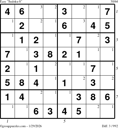 The grouppuzzles.com Easy Sudoku-8 puzzle for Thursday January 29, 2026 with all 3 steps marked