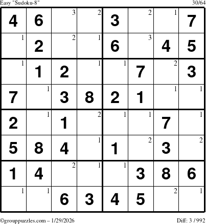 The grouppuzzles.com Easy Sudoku-8 puzzle for Thursday January 29, 2026 with the first 3 steps marked