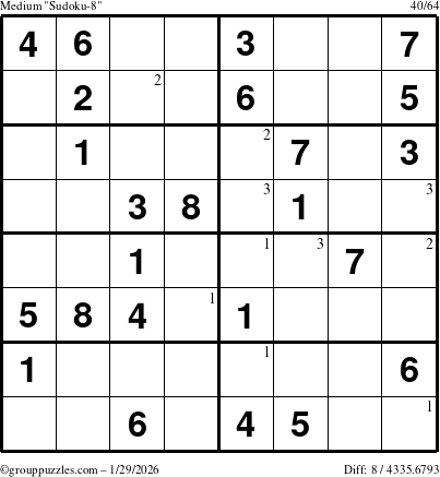 The grouppuzzles.com Medium Sudoku-8 puzzle for Thursday January 29, 2026 with the first 3 steps marked