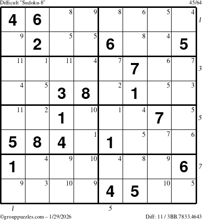 The grouppuzzles.com Difficult Sudoku-8 puzzle for Thursday January 29, 2026 with all 11 steps marked