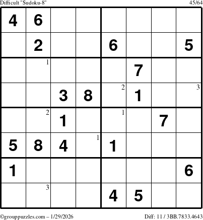 The grouppuzzles.com Difficult Sudoku-8 puzzle for Thursday January 29, 2026 with the first 3 steps marked