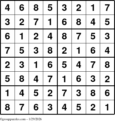 The grouppuzzles.com Answer grid for the Sudoku-8 puzzle for Thursday January 29, 2026