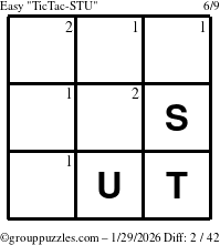 The grouppuzzles.com Easy TicTac-STU puzzle for Thursday January 29, 2026 with the first 2 steps marked
