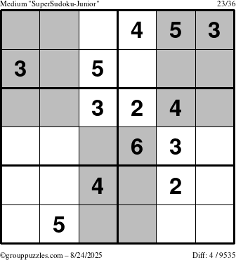 The grouppuzzles.com Medium SuperSudoku-Junior puzzle for Sunday August 24, 2025
