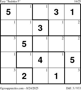 The grouppuzzles.com Easy Sudoku-5 puzzle for Sunday August 24, 2025 with the first 3 steps marked
