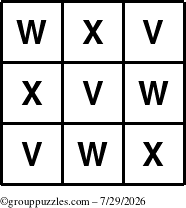 The grouppuzzles.com Answer grid for the TicTac-VWX puzzle for Wednesday July 29, 2026