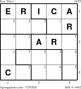 The grouppuzzles.com Easy Erica puzzle for Wednesday July 29, 2026 with all 4 steps marked