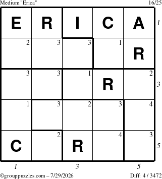 The grouppuzzles.com Medium Erica puzzle for Wednesday July 29, 2026, suitable for printing, with all 4 steps marked