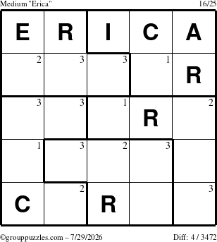 The grouppuzzles.com Medium Erica puzzle for Wednesday July 29, 2026 with the first 3 steps marked