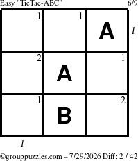 The grouppuzzles.com Easy TicTac-ABC puzzle for Wednesday July 29, 2026, suitable for printing, with all 2 steps marked