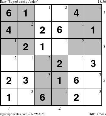 The grouppuzzles.com Easy SuperSudoku-Junior puzzle for Wednesday July 29, 2026, suitable for printing, with all 3 steps marked