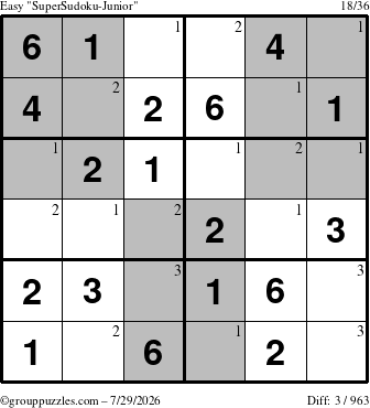 The grouppuzzles.com Easy SuperSudoku-Junior puzzle for Wednesday July 29, 2026 with the first 3 steps marked