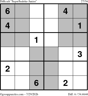 The grouppuzzles.com Difficult SuperSudoku-Junior puzzle for Wednesday July 29, 2026