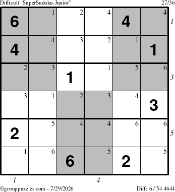 The grouppuzzles.com Difficult SuperSudoku-Junior puzzle for Wednesday July 29, 2026, suitable for printing, with all 6 steps marked