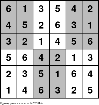 The grouppuzzles.com Answer grid for the SuperSudoku-Junior puzzle for Wednesday July 29, 2026
