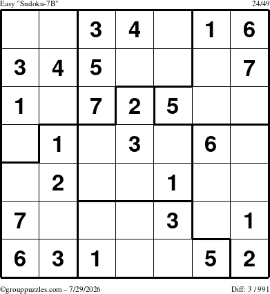 The grouppuzzles.com Easy Sudoku-7B puzzle for Wednesday July 29, 2026