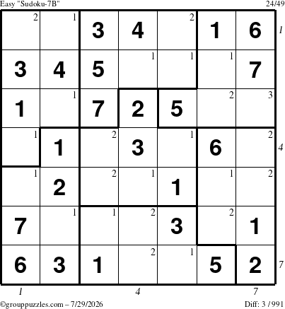 The grouppuzzles.com Easy Sudoku-7B puzzle for Wednesday July 29, 2026 with all 3 steps marked
