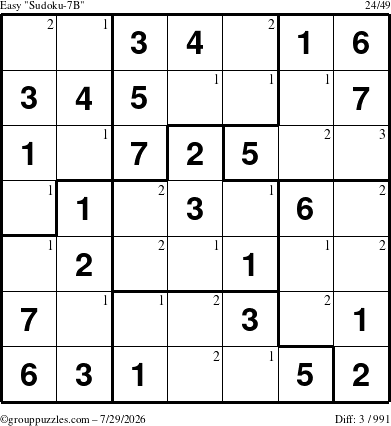 The grouppuzzles.com Easy Sudoku-7B puzzle for Wednesday July 29, 2026 with the first 3 steps marked