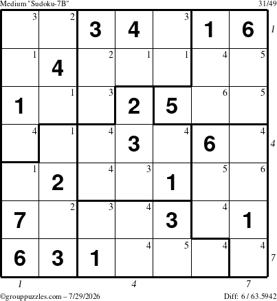 The grouppuzzles.com Medium Sudoku-7B puzzle for Wednesday July 29, 2026 with all 6 steps marked