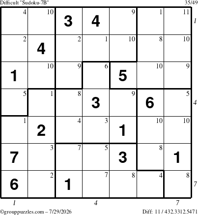 The grouppuzzles.com Difficult Sudoku-7B puzzle for Wednesday July 29, 2026, suitable for printing, with all 11 steps marked