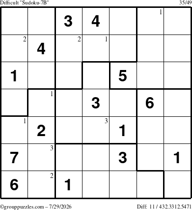 The grouppuzzles.com Difficult Sudoku-7B puzzle for Wednesday July 29, 2026 with the first 3 steps marked