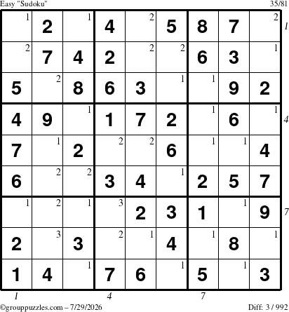 The grouppuzzles.com Easy Sudoku puzzle for Wednesday July 29, 2026 with all 3 steps marked