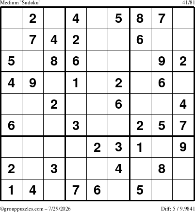 The grouppuzzles.com Medium Sudoku puzzle for Wednesday July 29, 2026