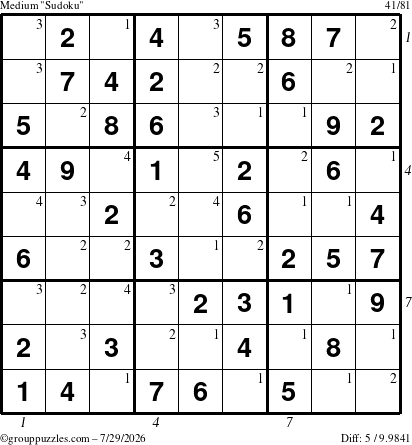 The grouppuzzles.com Medium Sudoku puzzle for Wednesday July 29, 2026, suitable for printing, with all 5 steps marked