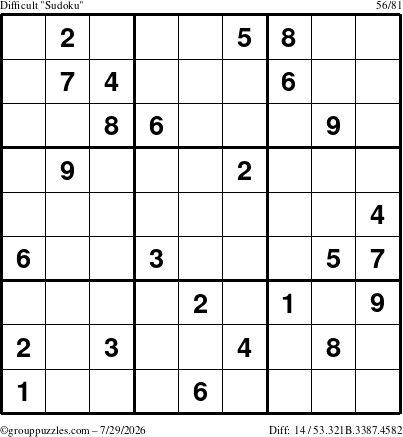 The grouppuzzles.com Difficult Sudoku puzzle for Wednesday July 29, 2026