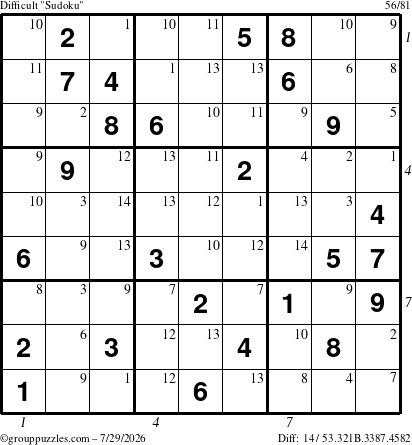 The grouppuzzles.com Difficult Sudoku puzzle for Wednesday July 29, 2026 with all 14 steps marked
