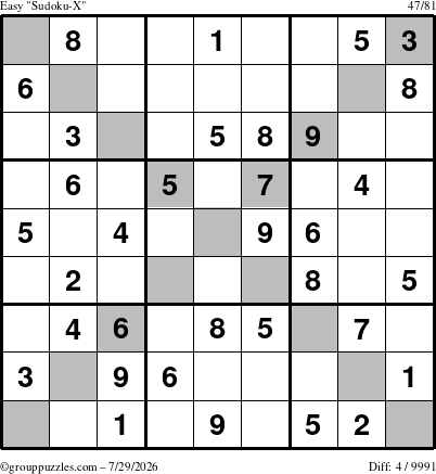 The grouppuzzles.com Easy Sudoku-X puzzle for Wednesday July 29, 2026