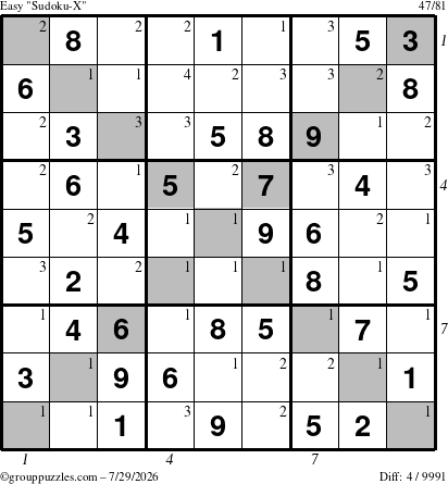 The grouppuzzles.com Easy Sudoku-X puzzle for Wednesday July 29, 2026 with all 4 steps marked