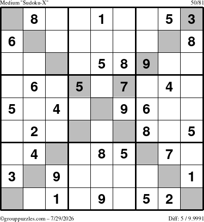 The grouppuzzles.com Medium Sudoku-X puzzle for Wednesday July 29, 2026