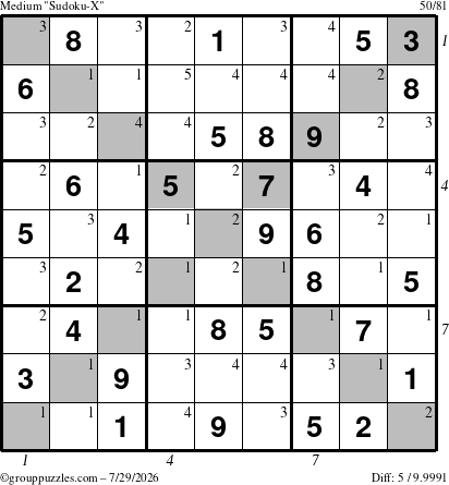 The grouppuzzles.com Medium Sudoku-X puzzle for Wednesday July 29, 2026, suitable for printing, with all 5 steps marked