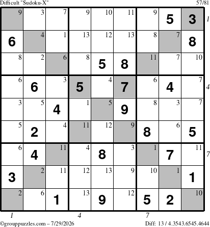 The grouppuzzles.com Difficult Sudoku-X puzzle for Wednesday July 29, 2026 with all 13 steps marked