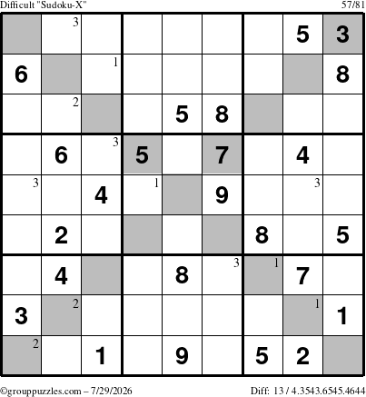 The grouppuzzles.com Difficult Sudoku-X puzzle for Wednesday July 29, 2026 with the first 3 steps marked