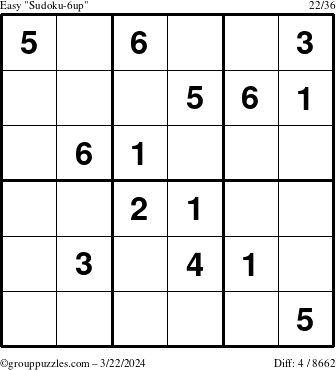 The grouppuzzles.com Easy Sudoku-6up puzzle for Friday March 22, 2024