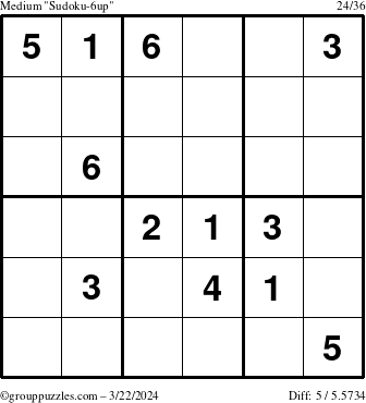 The grouppuzzles.com Medium Sudoku-6up puzzle for Friday March 22, 2024