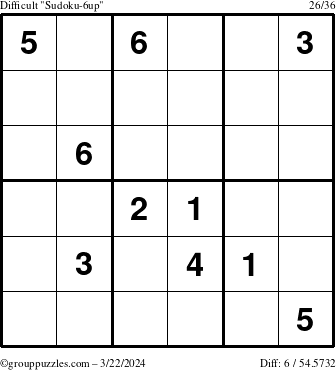 The grouppuzzles.com Difficult Sudoku-6up puzzle for Friday March 22, 2024