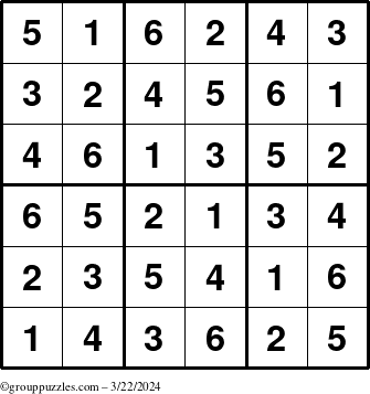 The grouppuzzles.com Answer grid for the Sudoku-6up puzzle for Friday March 22, 2024