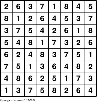 The grouppuzzles.com Answer grid for the Sudoku-8up puzzle for Friday March 22, 2024