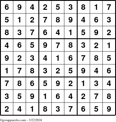 The grouppuzzles.com Answer grid for the Sudoku puzzle for Friday March 22, 2024