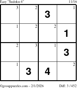 The grouppuzzles.com Easy Sudoku-4 puzzle for Sunday February 1, 2026 with the first 3 steps marked
