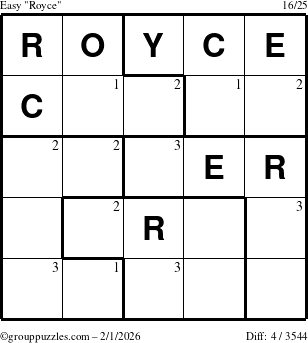 The grouppuzzles.com Easy Royce puzzle for Sunday February 1, 2026 with the first 3 steps marked