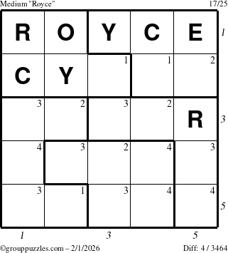 The grouppuzzles.com Medium Royce puzzle for Sunday February 1, 2026, suitable for printing, with all 4 steps marked