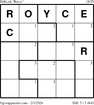 The grouppuzzles.com Difficult Royce puzzle for Sunday February 1, 2026 with the first 3 steps marked