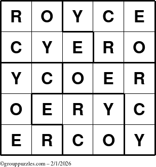 The grouppuzzles.com Answer grid for the Royce puzzle for Sunday February 1, 2026
