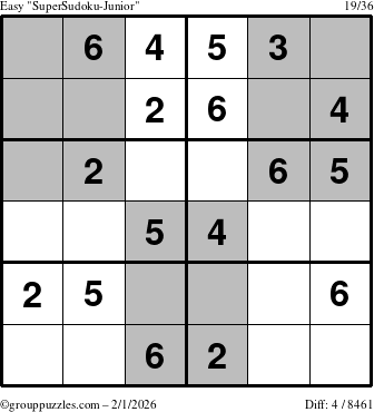 The grouppuzzles.com Easy SuperSudoku-Junior puzzle for Sunday February 1, 2026