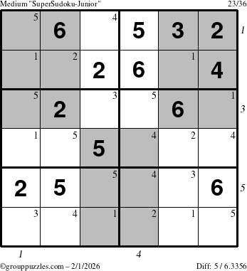 The grouppuzzles.com Medium SuperSudoku-Junior puzzle for Sunday February 1, 2026, suitable for printing, with all 5 steps marked
