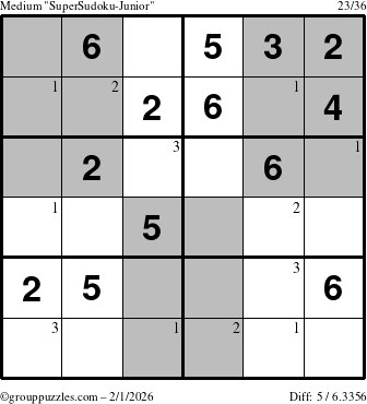 The grouppuzzles.com Medium SuperSudoku-Junior puzzle for Sunday February 1, 2026 with the first 3 steps marked